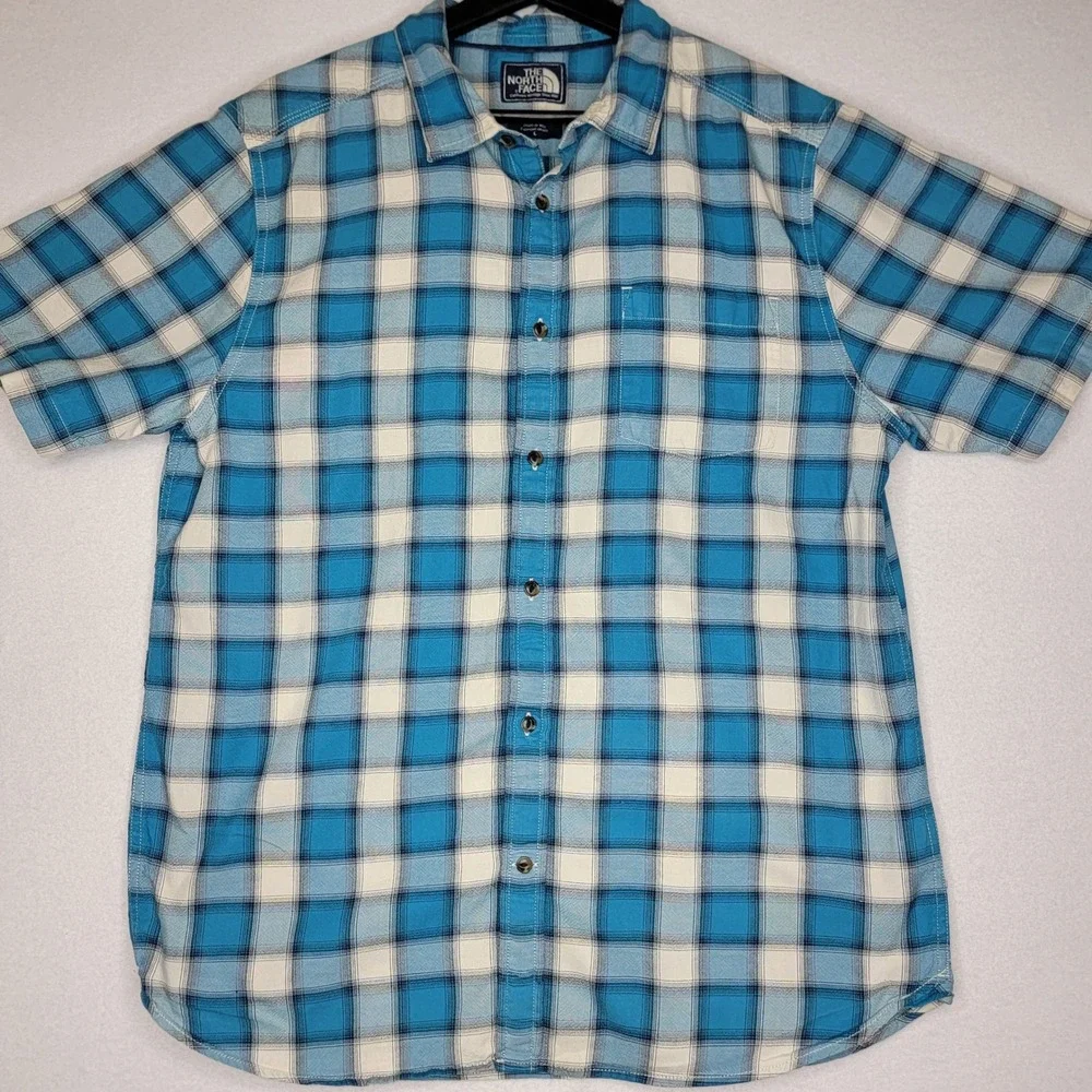 The North Face Mens Blue White Plaid Short Sleeve Cotton Button Down Shirt L